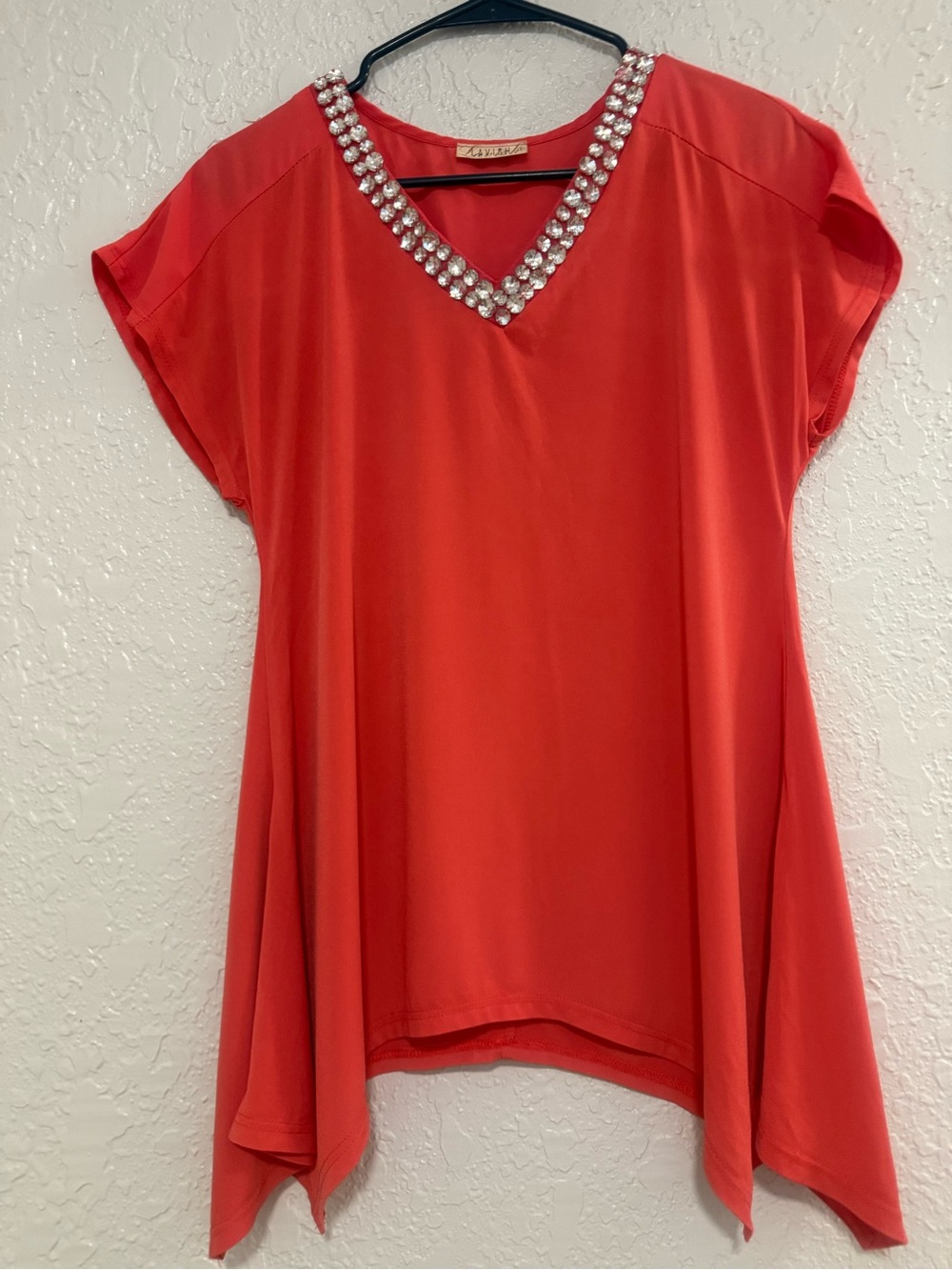 Lavish Coral V‑Neck Tunic with Crystal Trim